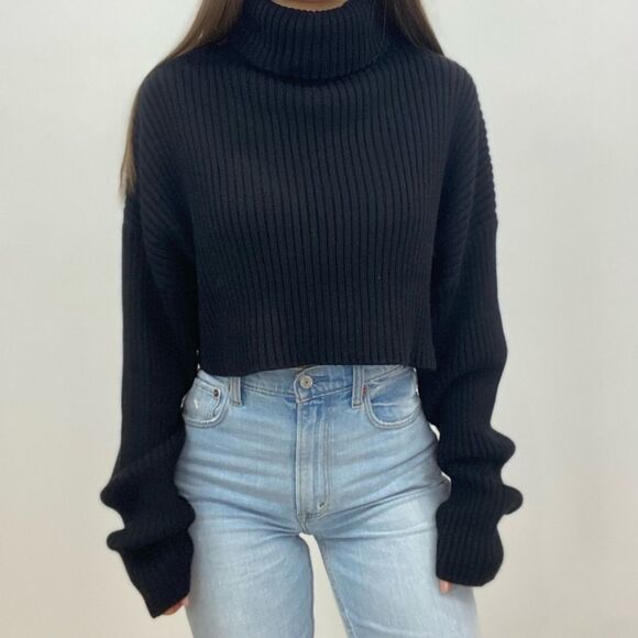 NWT Anthropologie Black Turtleneck Cropped Sweater - Picture 2 of 6